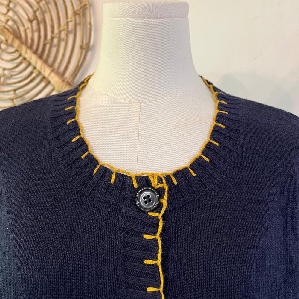 Vintage Navy Blue Cotton Sunflower Embroidered Cardigan Sweater 1X - Picture 3 of 10